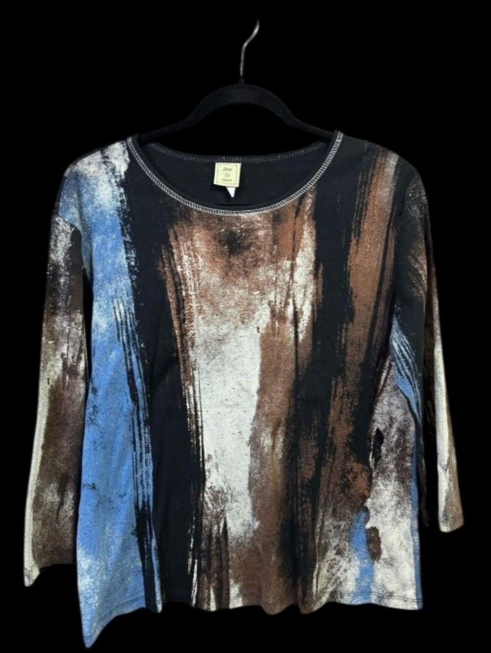 Vintage Jess & Jane Sz L Abstract Brushstroke 3/4-Sleeve Top  Blue, Brown, Black